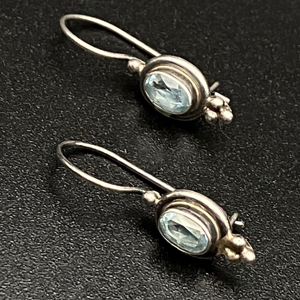 Vintage Sterling Silver Drop Earrings Blue Stone Oval Granulated Dangle - Picture 2 of 9